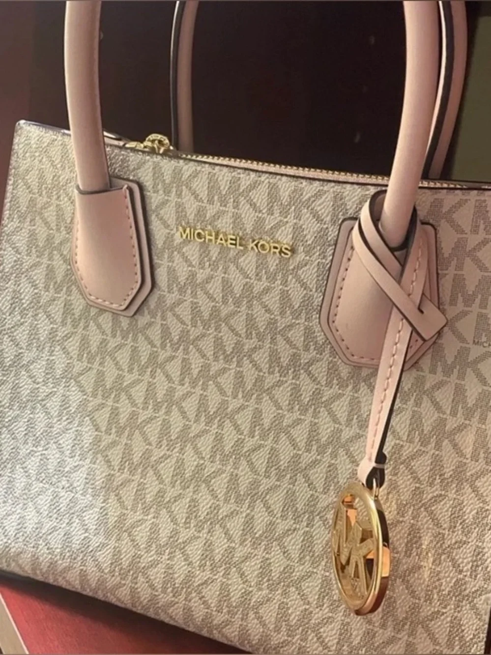 Michael Kors Beige Signature Satchel with Pink Trim and Gold Hardware